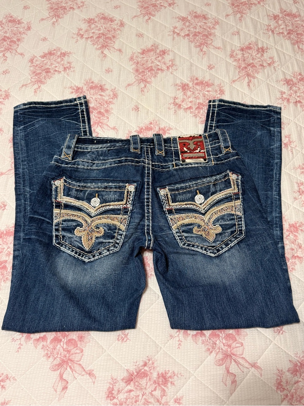 Rock Revival Dark Blue Denim Jeans with Embroidered Pockets